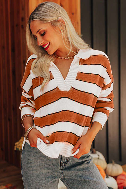 Brown Stripe Ribbed Polo Collar Drop Shoulder Sweater