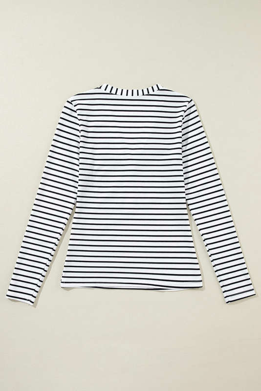 White Stripe Slim Fit Buttoned V Neck Long Sleeve T Shirt