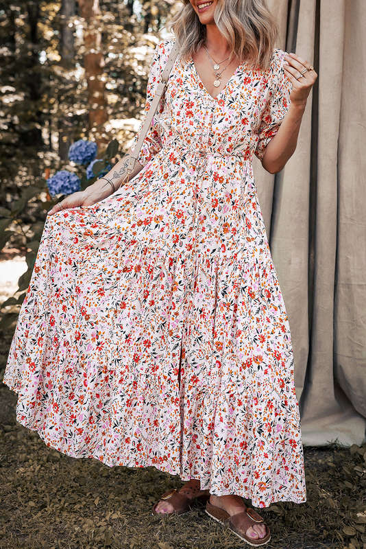 Red Boho Half Sleeve Floral V Neck Maxi Dress