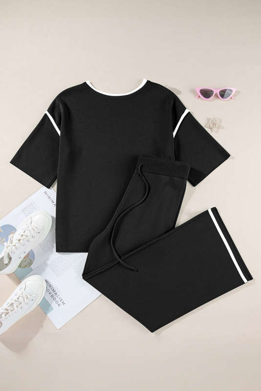Black Contrast Trim Half Sleeve Top Drawstring Pants Loose 2pcs Sweater Suit