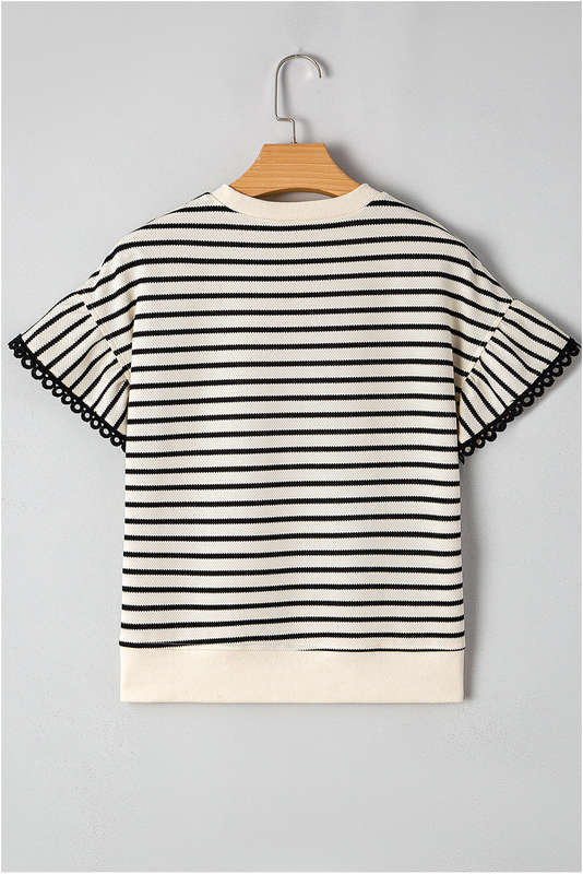 Black Stripe Sequin America Star Graphic Ric Rac Flutter Sleeve Blouse