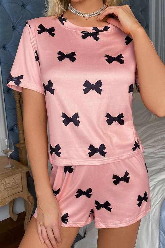 Pink Bow Printed Short 2pcs Lounge Set