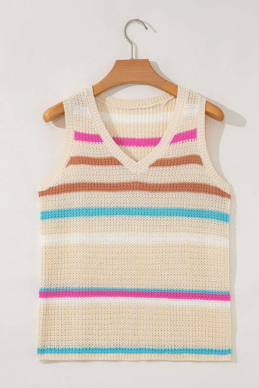 Khaki Stripe Textured Knit V Neck Sweater Vest