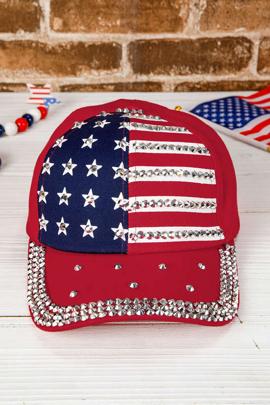 Fiery Red American Flag Rhinestone Decor Baseball Cap