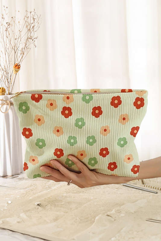Clearly Aqua Flower Print Corduroy Zipper Makeup Storage Bag