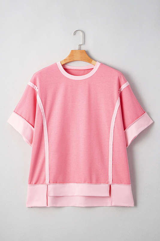 Peach Blossom Two Tones Patchwork Half Sleeve Plus Size T Shirt
