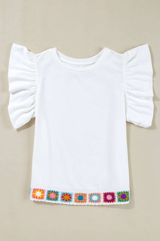 White Floral Crochet Patched Ruffled Sleeve Crewneck Blouse