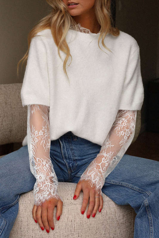 Beige Lace Sleeve Patchwork Faux Two-piece Fuzzy Sweater