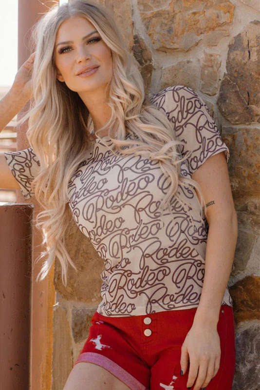 Brown Rodeo Print Round Neck Slim Fit Mesh T Shirt
