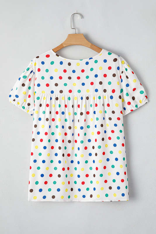Apricot Plus Size Colorful Polka Dots Tie Neck Puff Sleeve Blouse