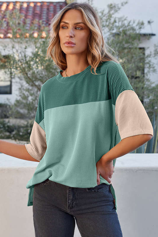 Mint Green Color Block Ribbed Side Slits Half Sleeve Top