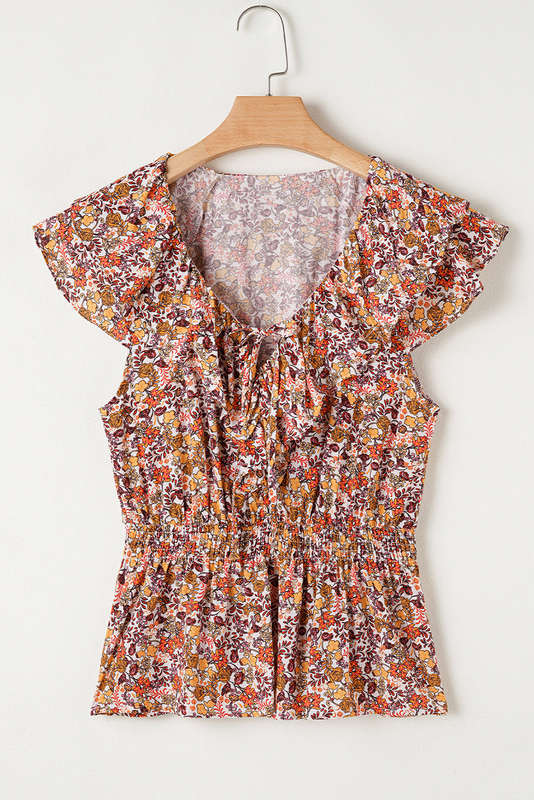 Red Floral Print Knot V Neck Ruffled Sleeve Blouse