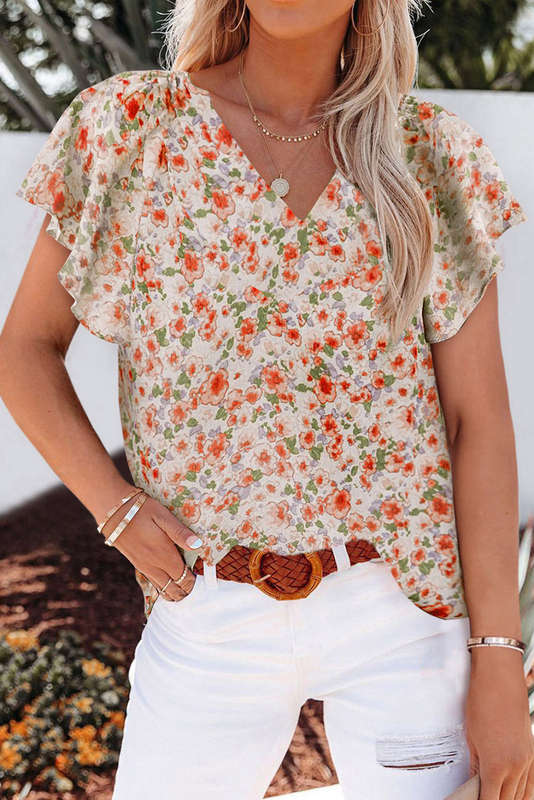 Orange Flutter Sleeve V Neck Floral Summer Blouse