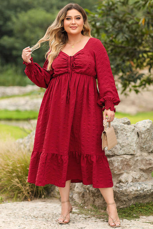 Fiery Red Lace-up Ruched Front Long Sleeve Ruffle Hem Plus Size Midi Dress