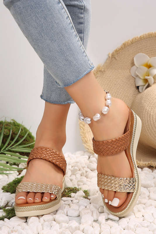 Gold Braided Dual Band PU Leather Wedge Slippers