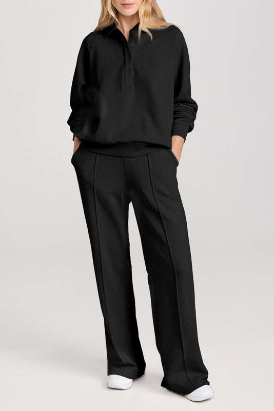 Black Solid Collared Sweatshirt and High Waist Pants Active Set