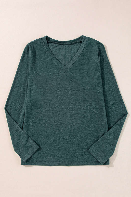 Green Knitted V-Neck Casual Top with Raw Seam Detail