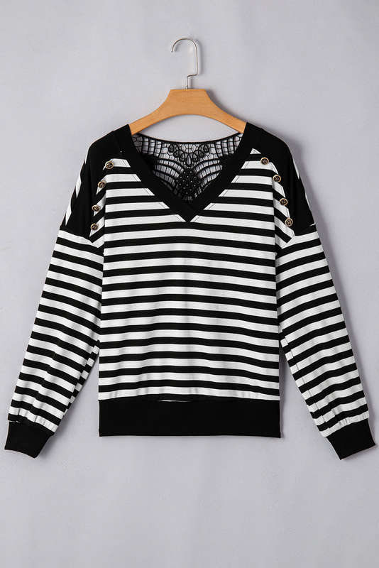 Black Stripe Crochet Hollow-out Back Buttoned Shoulder V Neck Top