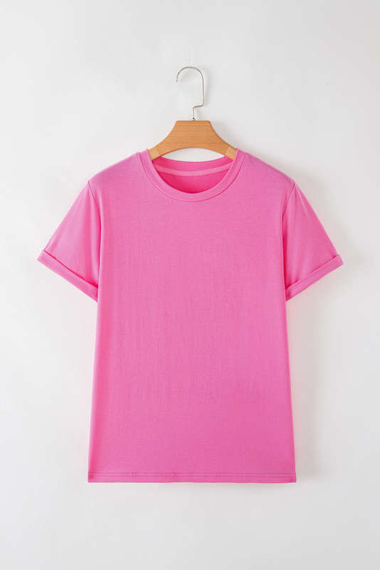 Sachet Pink Bright Casual Plain Crew Neck Tee