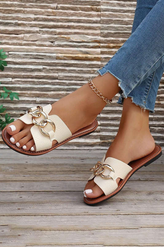 White Metal Decor Cutout PU Leather Flat Slippers