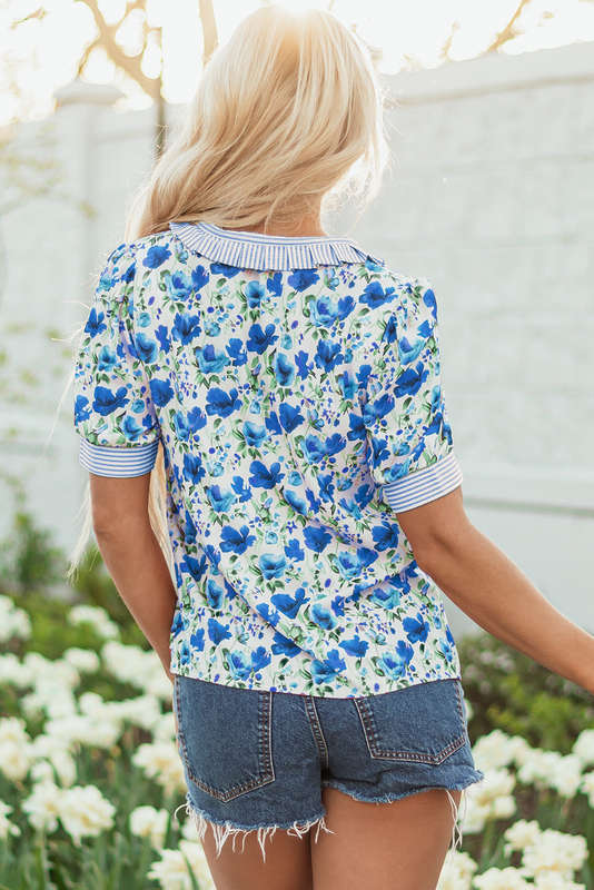 Sky Blue Floral Print Striped Patchwork Collared Short Sleeve Blouse