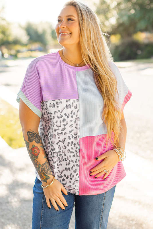 Rose Red Leopard Colorblock Patchwork Corded Knit Plus Size T Shirt