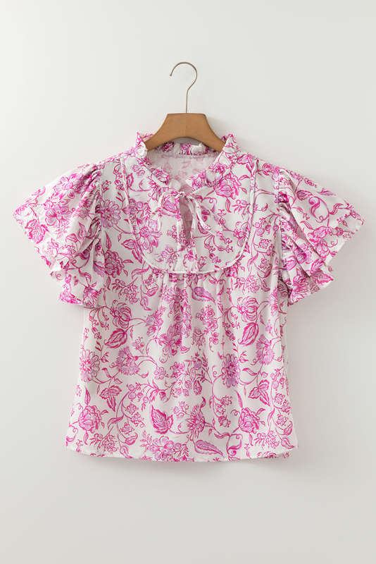 Pink Baroque Floral Ruffle Sleeve V Neck Blouse Top