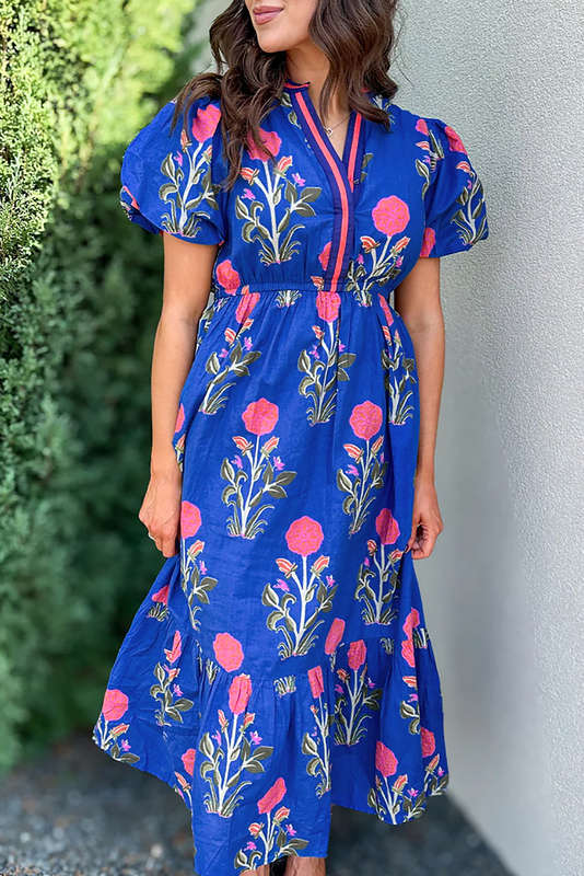Sky Blue Floral Puff Short Sleeve V Neck High Waist Maxi Dress