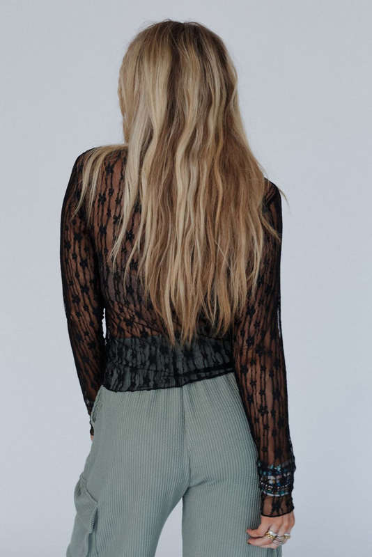 Black Sheer Floral Lace Long Sleeve Slim Fit Top