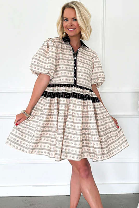 Black Boho Floral Striped Contrast Trim Bubble Sleeve Flared Dress