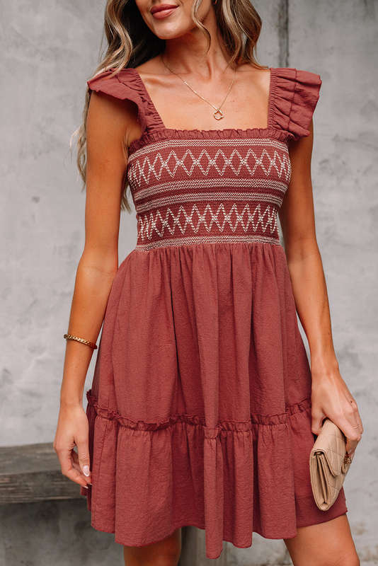 Red Sandalwood Geometric Stitch Shirred Bodice Ruffled Trim Sleeveless Mini Dress