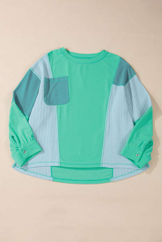 Green Colorblock Stitching Patchwork Buttoned Long Sleeve Top