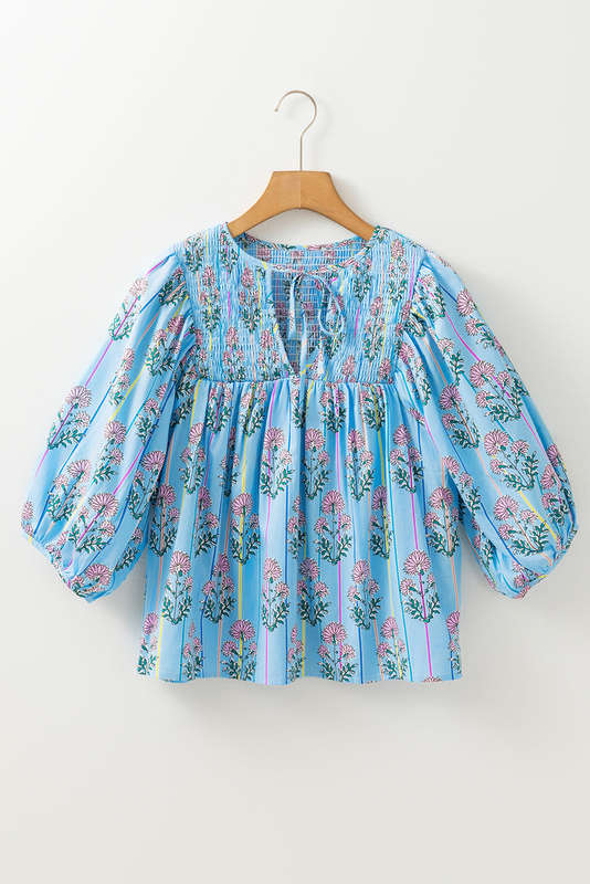 Blue V-Neck Knitted Summer Top with Exposed Seams