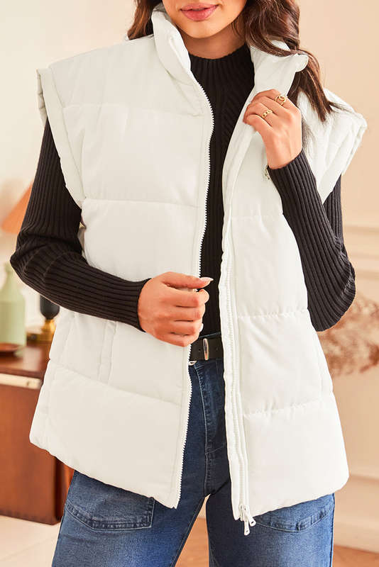 Beige  Zipper Stand Neck Oversized Puffer Vest