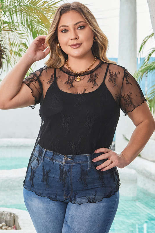 Black Plus Size Sheer Lace Mesh Short Sleeve Top