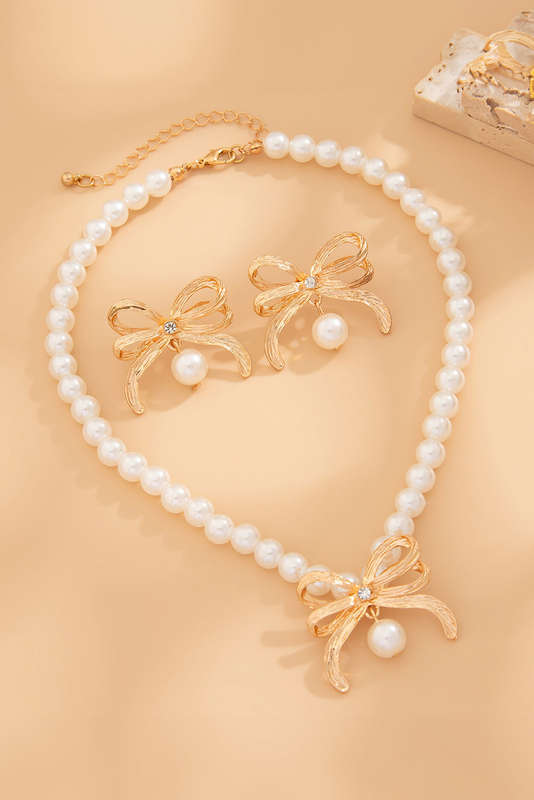Gold Rhinestone Pearl Bow Decor Plated Necklace and Earrings Set