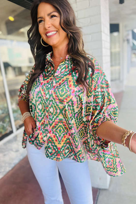 Dark Green Abstract Print Half Sleeve Button up Loose Shirt
