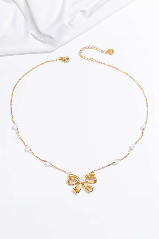 Gold Pearl Decor Plated Bow Knot Pendant Necklace