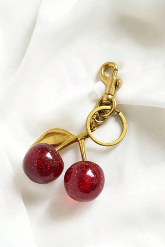 Gold Glitter Cherry Shape Plated Alloy Keychain