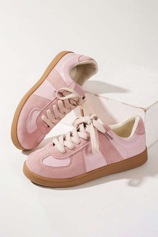 Pink Two Tone Faux Suede Leather Patched Lace-up Sneakers