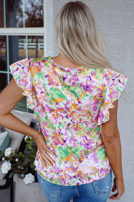 Purple Abstract Printed Ruffled Short Sleeve Notched Neck Blouse