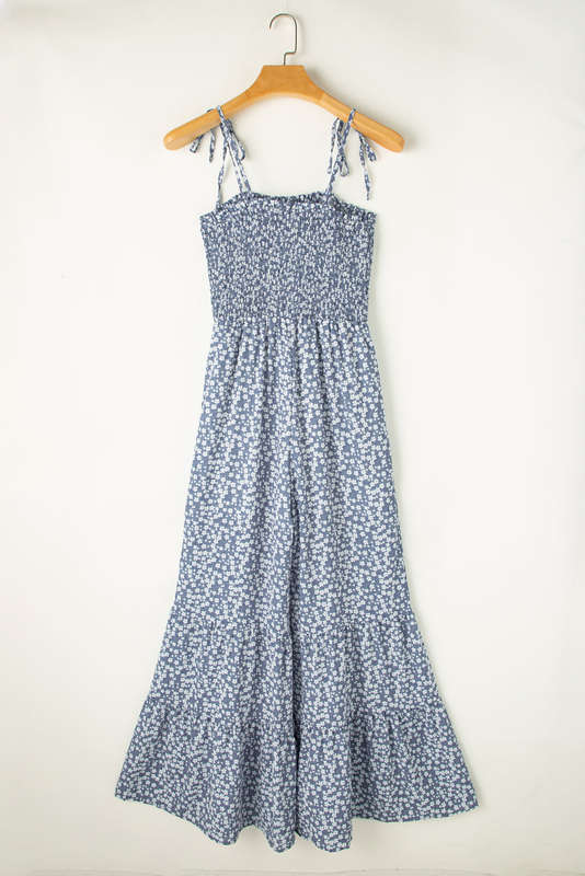 Dusk Blue Thin Straps Smocked Bodice Wide Leg Floral Jumpsuit