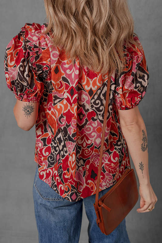 Red Ethnic Print Split Neck Short Puff Sleeve Blouse