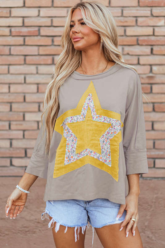 Medium Grey Floral Starbust Exposed Seam Mineral Wash Top