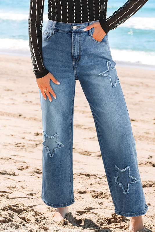 Stone Blue Star Patchwork Cropped Wide Leg High Waist Jeans