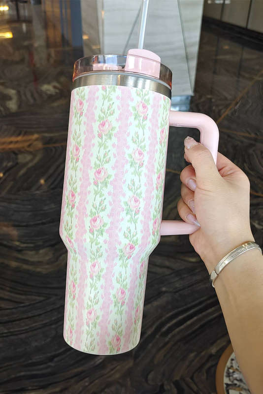 Pink Flower Print Large Insulated Tumbler with Handle 40oz