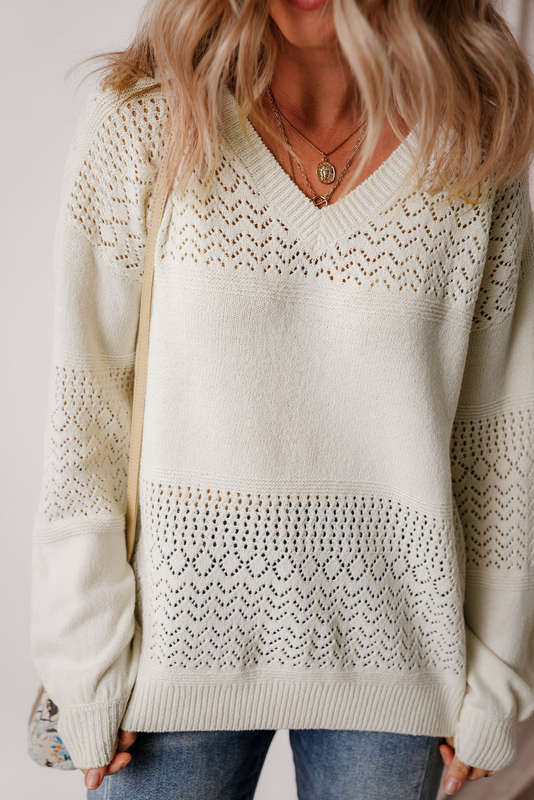 White Eyelet Pattern Detail V Neck Drop Shoulder Sweater