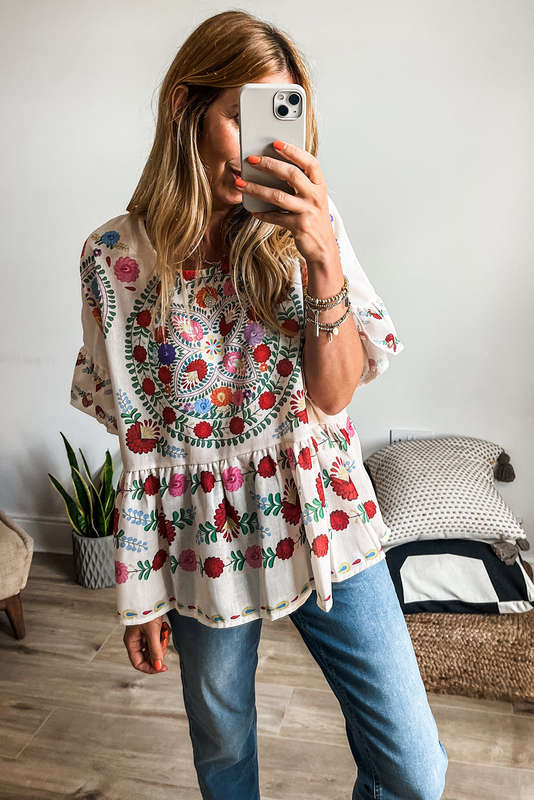 Pink Boho Floral Puff Sleeve Summer Blouse