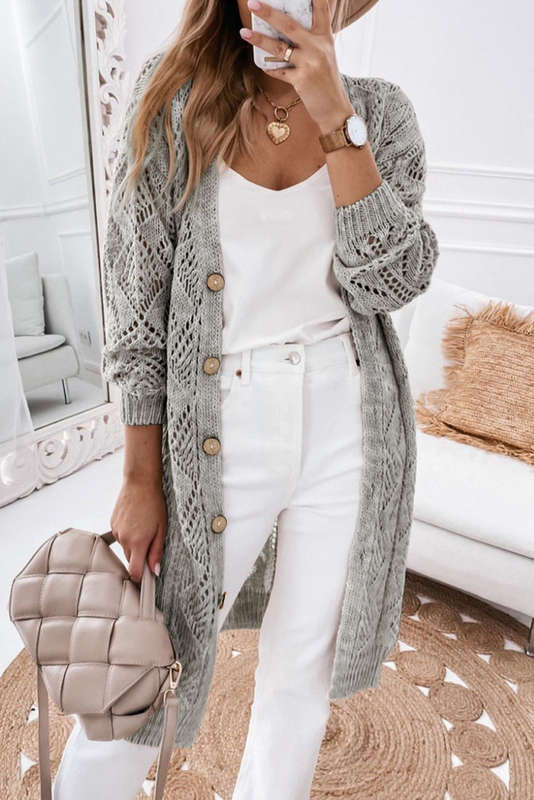 Gray Hollow-out Openwork Knit Cardigan
