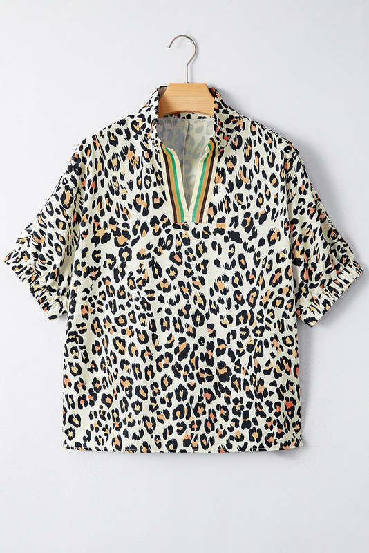 Khaki Leopard Color Block Contrast Striped V Neck Half Sleeve Loose Fit Blouse